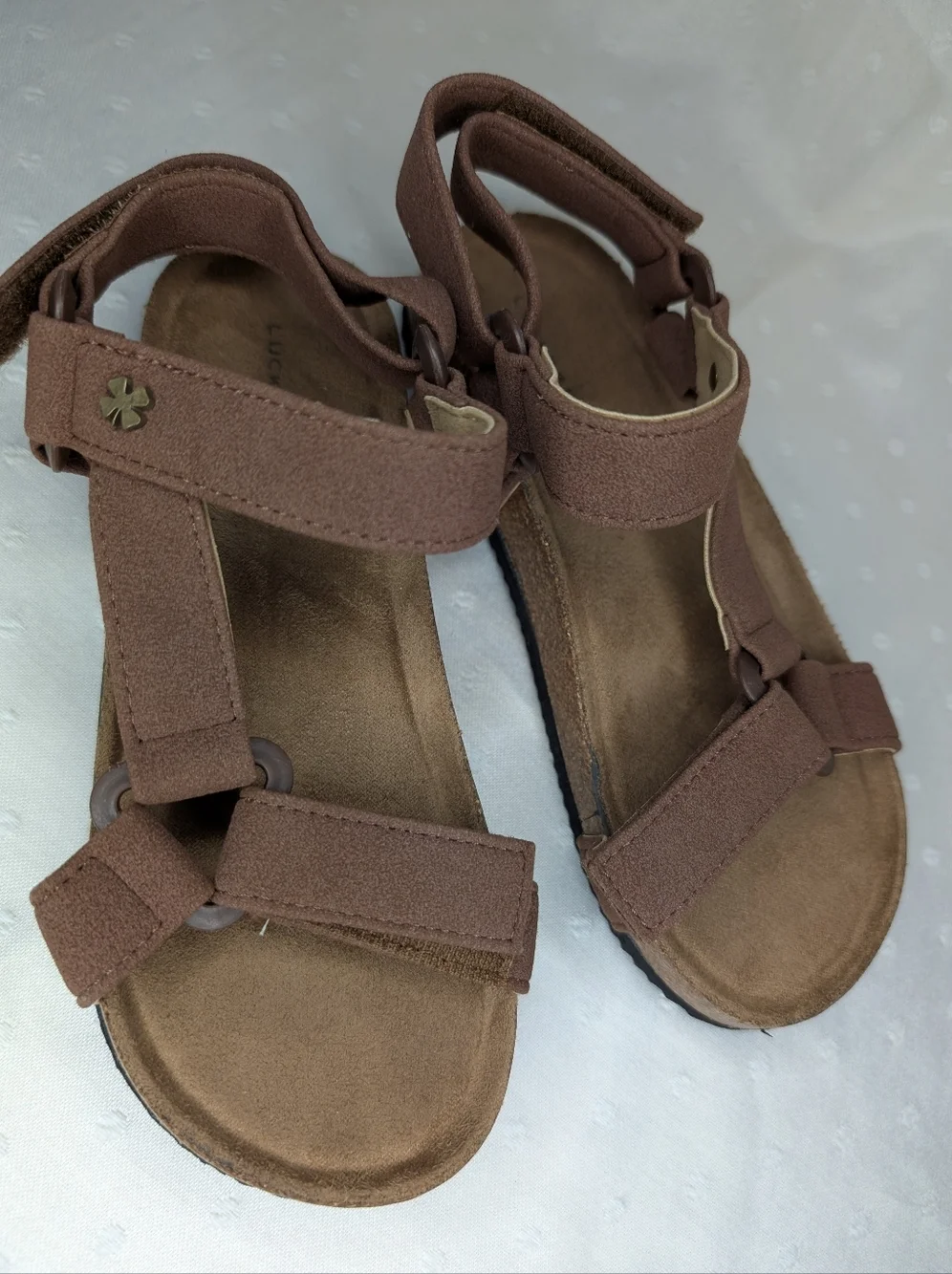 Lucky Brand Girls Size 2 Brown Sueded Strappy Cork Footbed Sandals Hook & Latch
